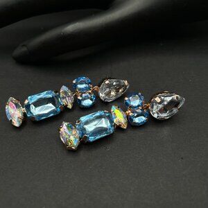 Vintage Blue Aurora Borealis Rhinestone Dangle Pierced Earrings Rose Gold Tone